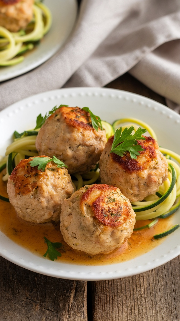 Garlic butter chicken meatballs on a plate with zoodles, garnished with parsley.